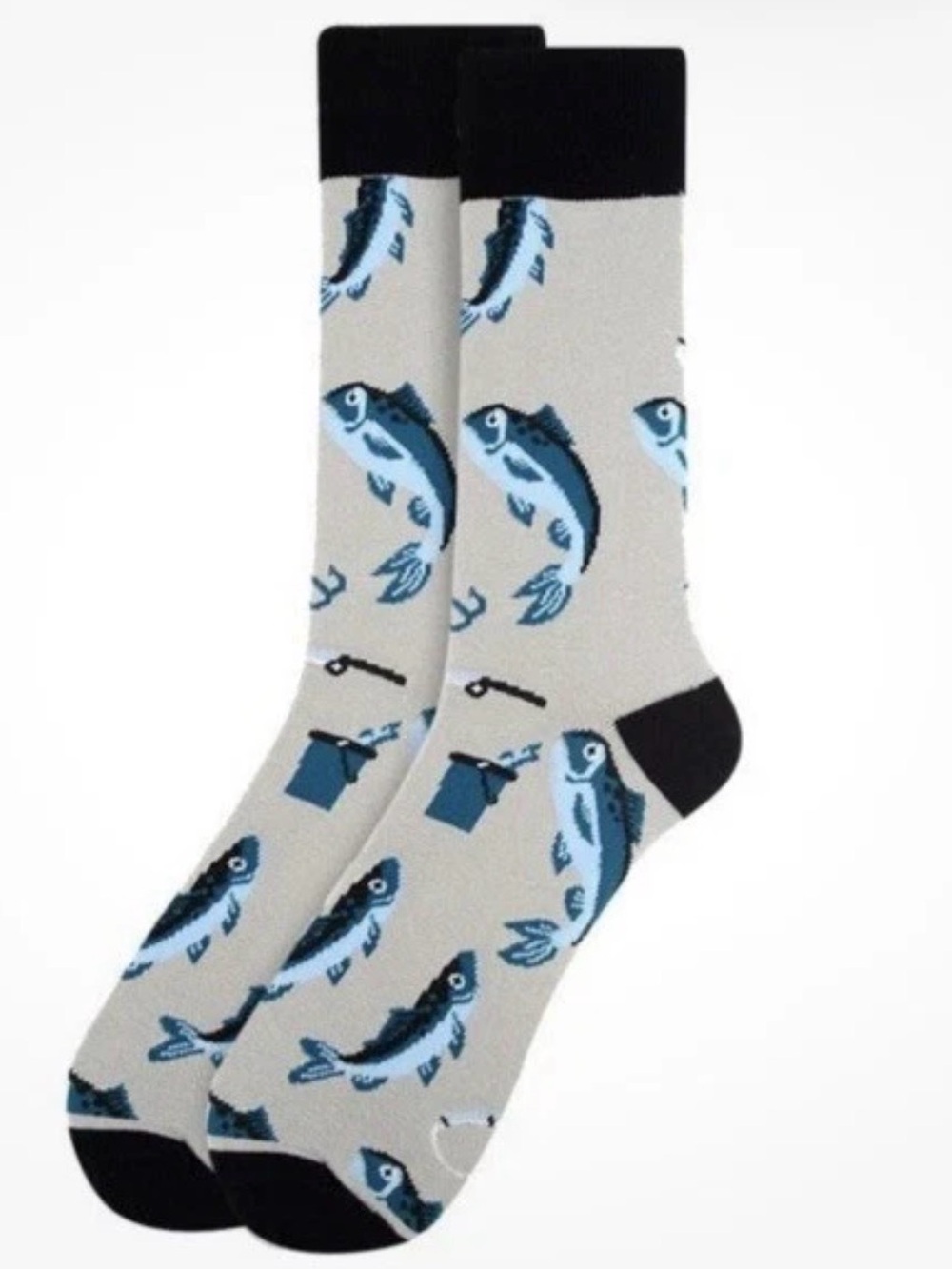 Parquet Men’s Fun Crew Socks Fish Anchor Nautical Gray Novelty Size 10-13 NWT